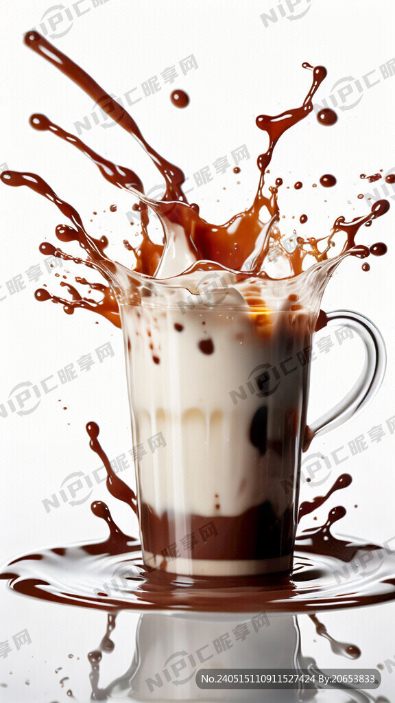 奶茶飞溅 纯白背景 正视图