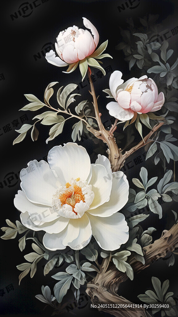 白牡丹 树枝下垂从上往下 国画