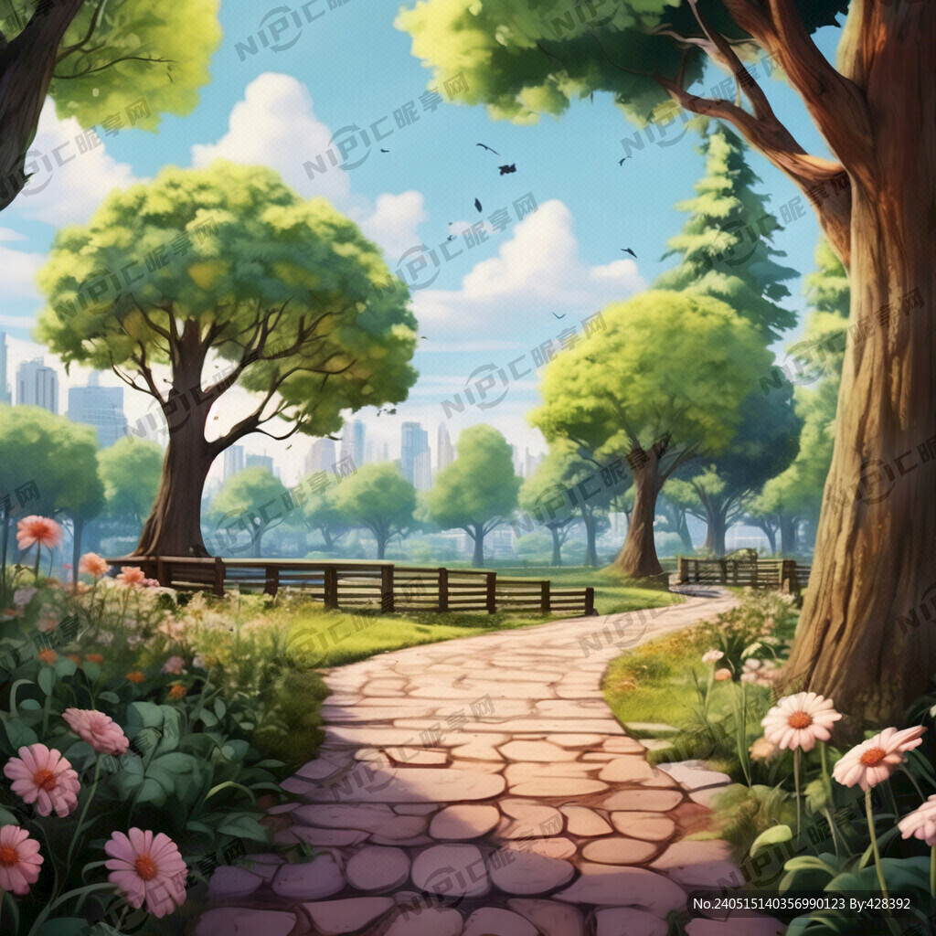 卡通风格 公园场景 花草树木