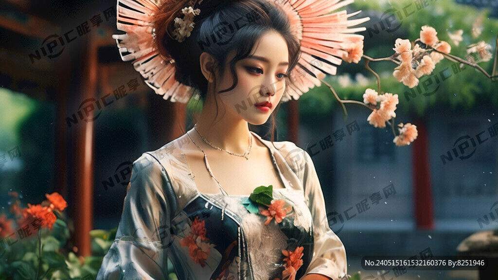 旗袍美女头上戴花 亭子里面