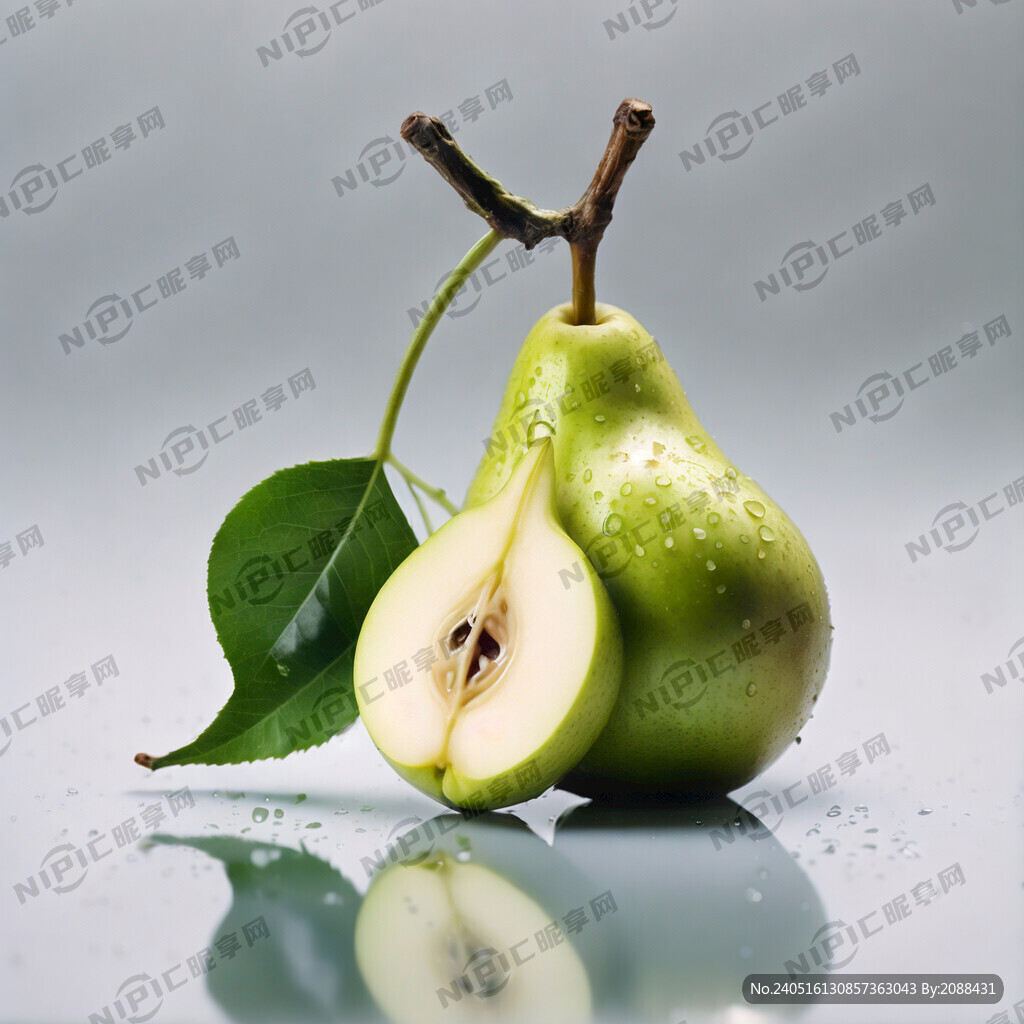 一只刚采摘的黄绿色的梨