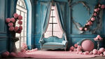 蒂芙尼蓝主色调搭粉色，异型拍照景墙，温柔浪漫。