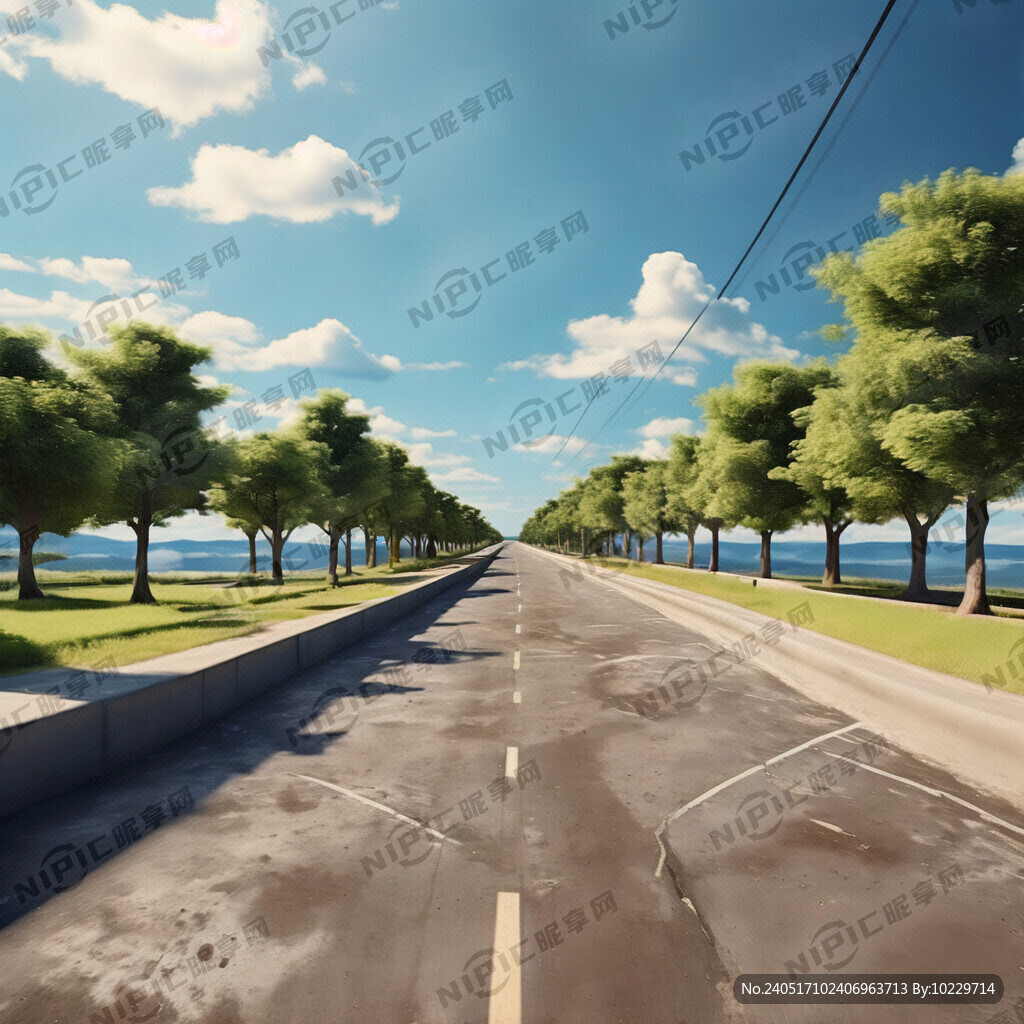 蓝天白云水泥路地面道路两旁是树