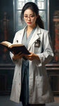 年轻女性研究院，身材好，身穿白色大褂，戴眼镜，手里拿着书本在研究所里