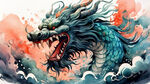 青龙加祥云，磅礴大气，手绘水彩，中国风，国潮