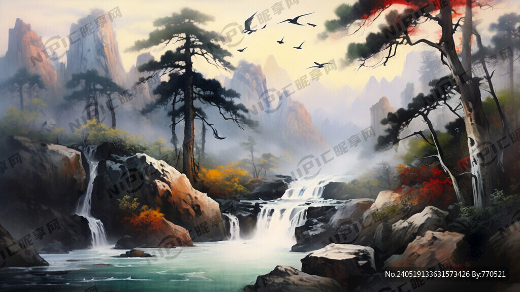 山水画 迎客松 白鹤 瀑布 