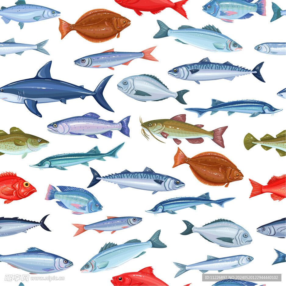 海鲜鱼类贝类无缝拼接图案矢量