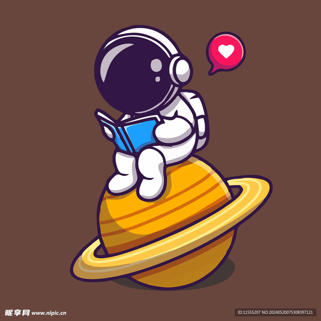 宇航员坐在土星读书卡通儿童插画