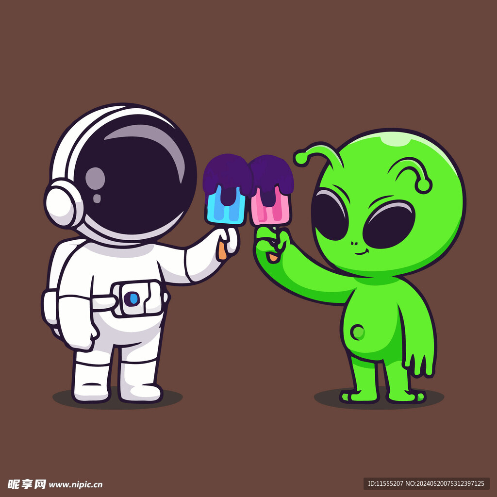 有趣外星人与宇航员卡通儿童插画