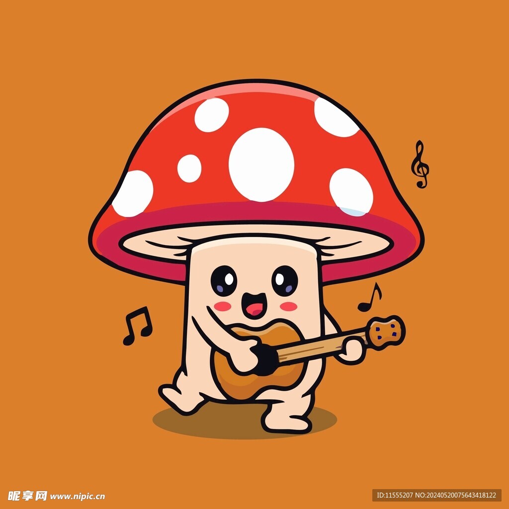 可爱弹吉他蘑菇头矢量卡通插画