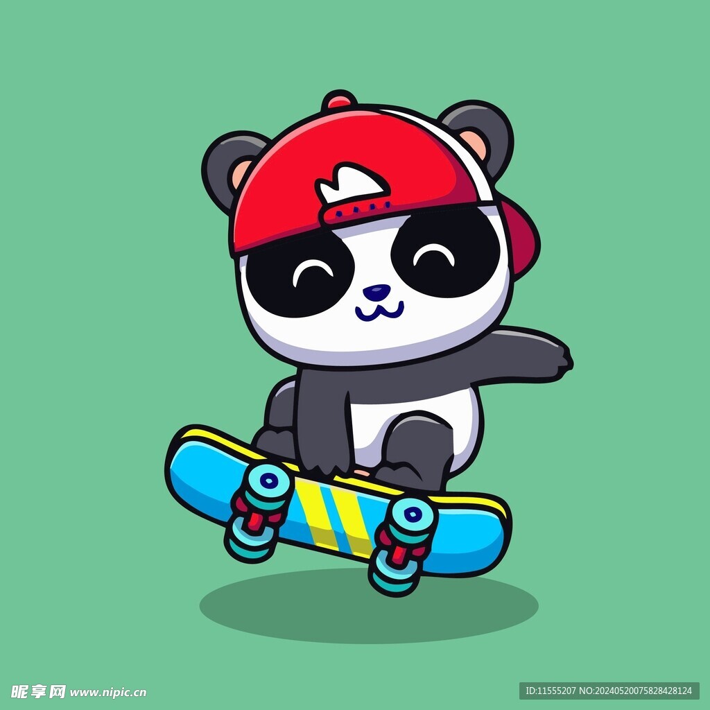 可爱玩滑板熊猫矢量卡通插画