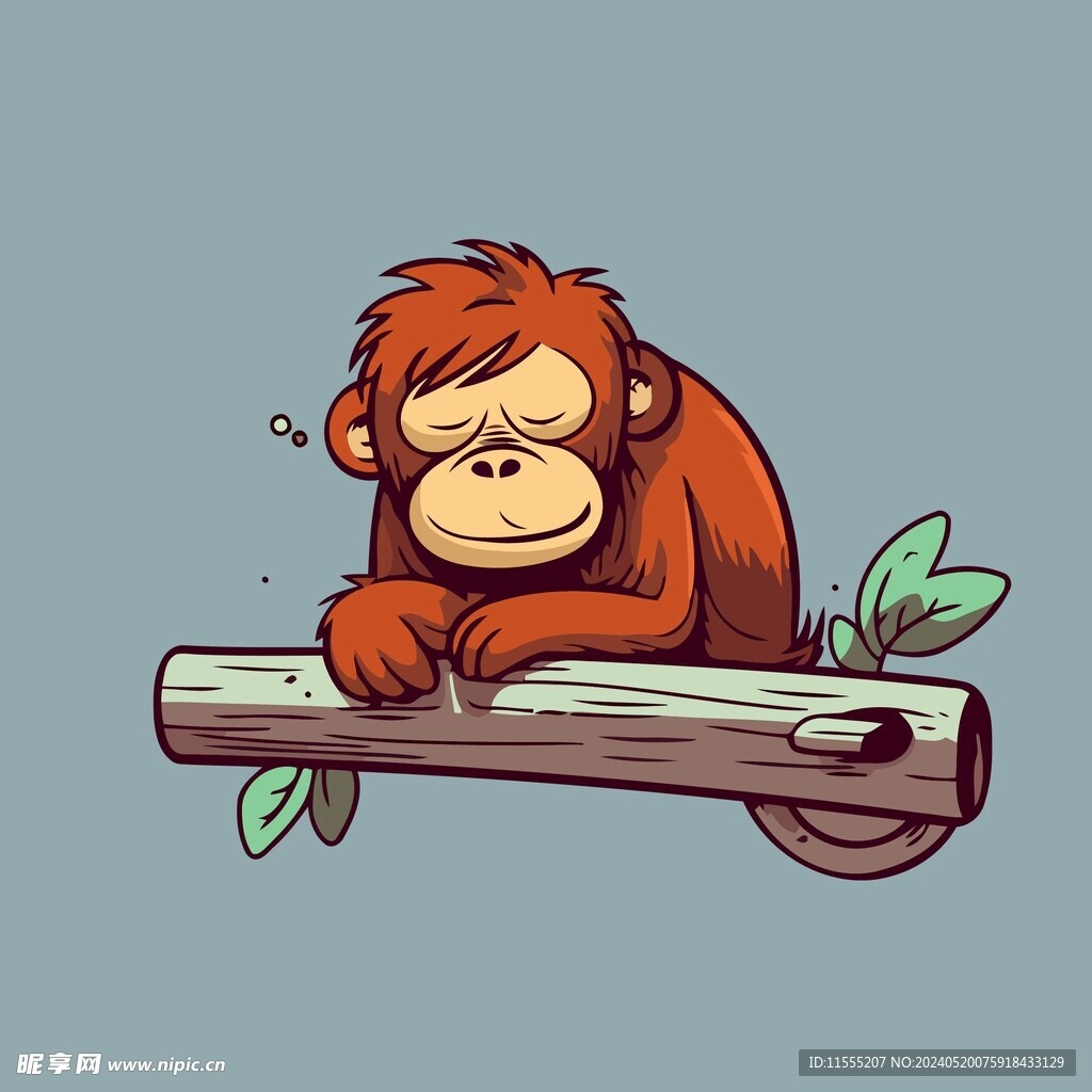 可爱树枝上睡觉猩猩矢量卡通插画
