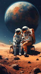 520海报，一个男性航天员牵着一个女性航天员坐在火星上