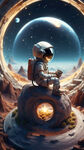 童心筑梦主题，小小航天员坐在月牙里，手里捧着一颗星星，辛烷值渲染，未来科幻，高清8k壁纸