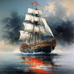 蓝天白云白色帆布帆船油画艳丽细节极致工笔画