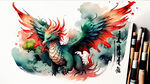 黄龙加翅膀，磅礴大气，手绘水彩，中国风，国潮