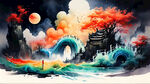 黄龙，磅礴大气，手绘水彩，中国风，国潮