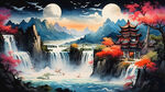 黄龙，磅礴大气，手绘水彩，中国风，国潮