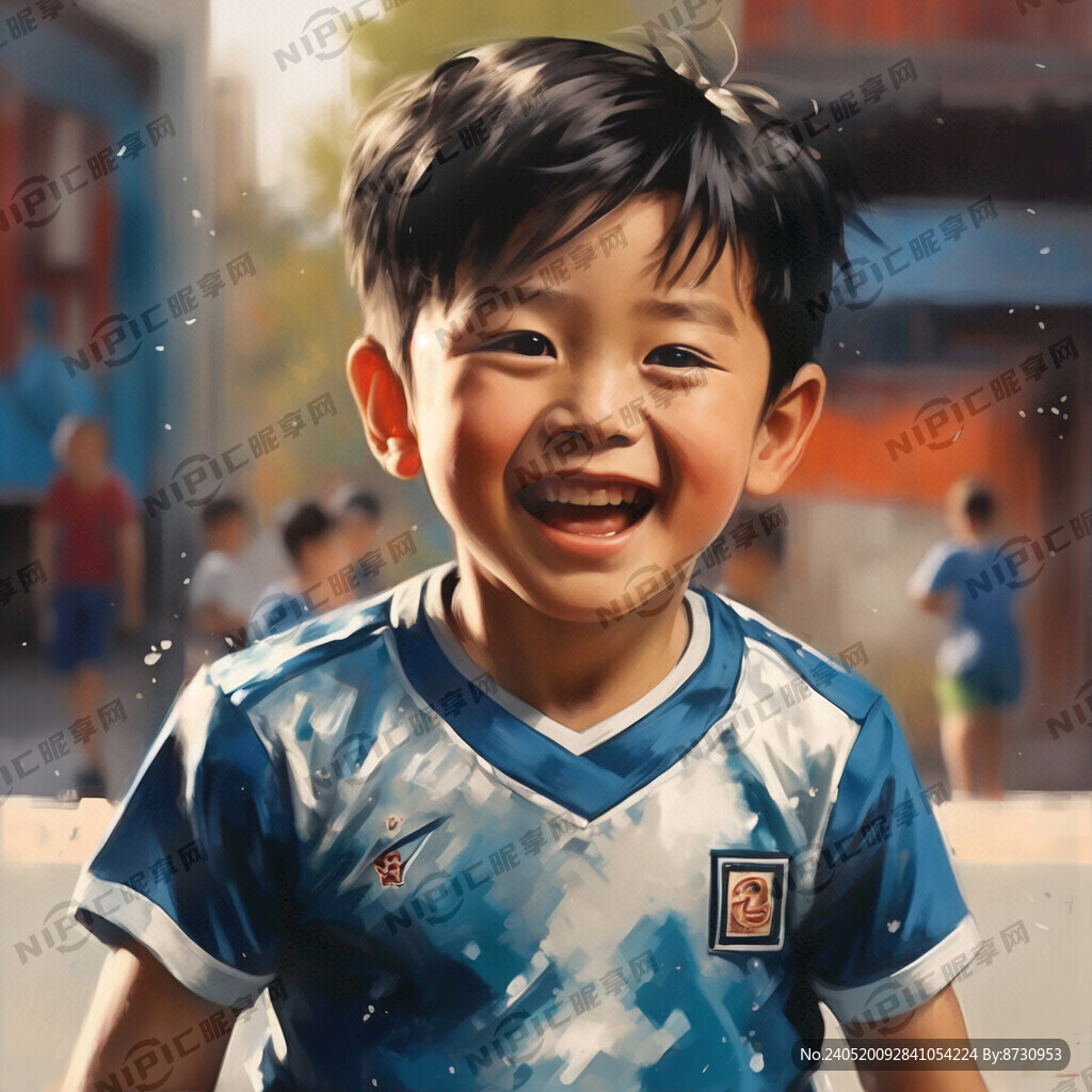穿着蓝色球衣的小男孩在开心地笑