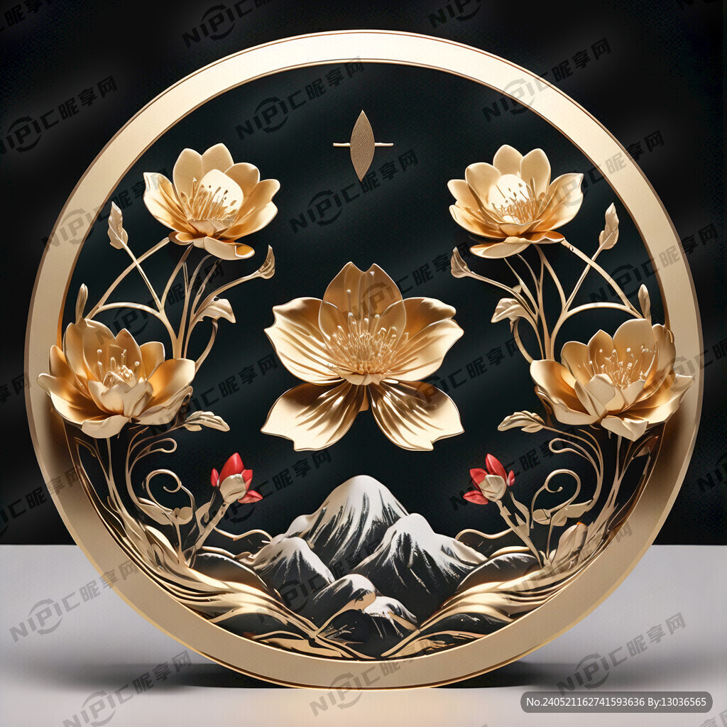 金色花朵红色花心绿色叶子深黄色