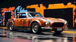 尼桑350跑车 涂鸦风格  赛博朋克  橙色霓虹光  霓虹渲染
