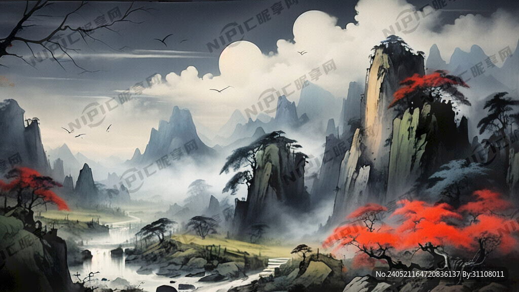 山谷 中国风 中国画 山水