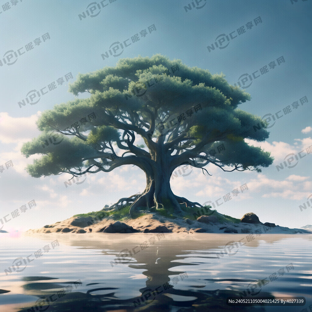 一棵生机勃勃的蓝色大树生长在水