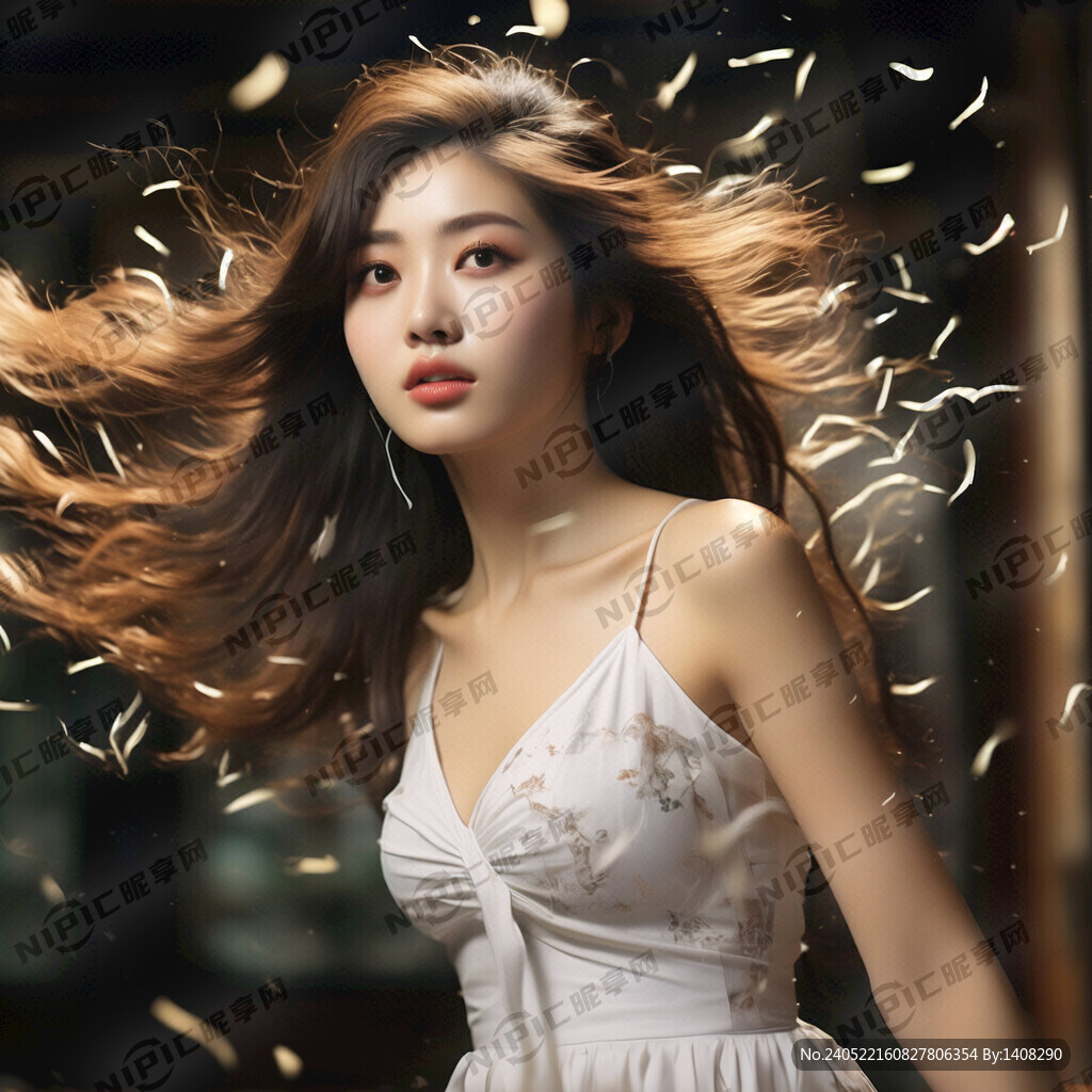 电风扇对着美女吹风头发飘逸