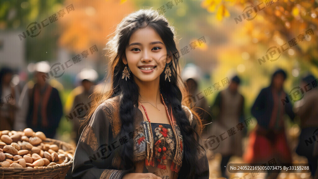 秋天少数民族少女手里举着一筐坚