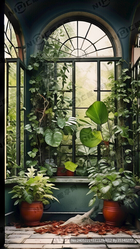 落地窗户庭院绿植树叶