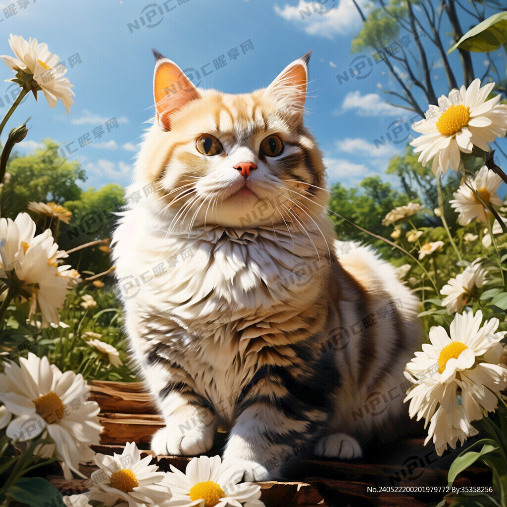 树林 花丛 阳光 金色胖猫