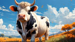 大气磅礴  蓝天草原  天气晴朗  阳光明媚  精细手绘奶牛 橙色主色调
