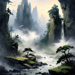 山谷，中国风，中国画，山水，水墨风格，写意，意境，高雅，高清，仙风道骨。
