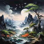 山谷，中国风，中国画，山水，水墨风格，写意，意境，高雅，高清，仙风道骨。