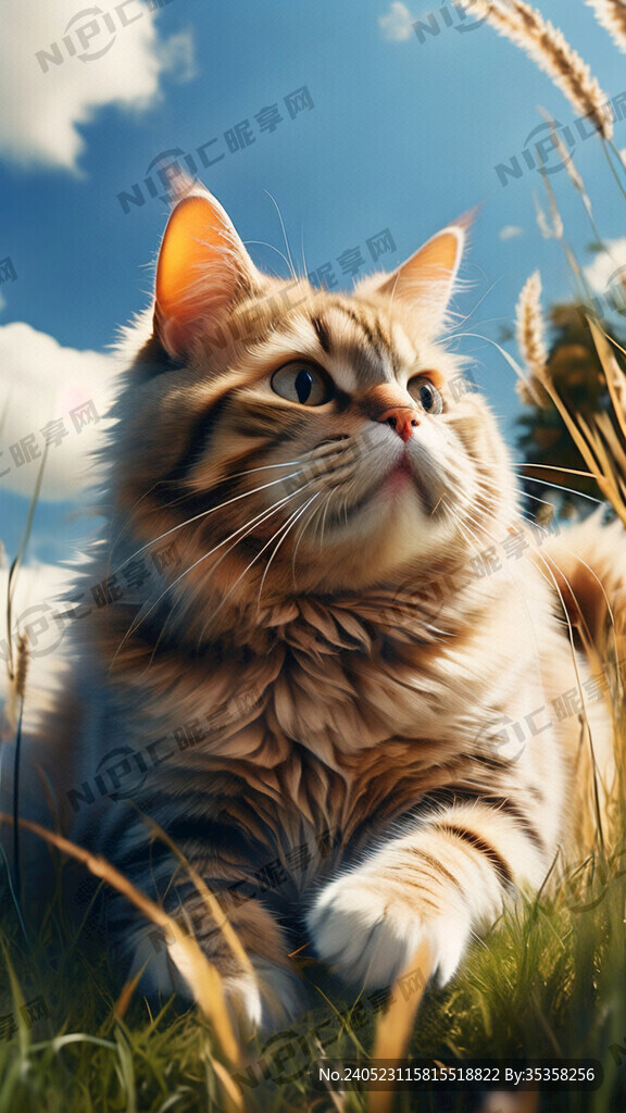 草丛中一只金色的胖猫 天空