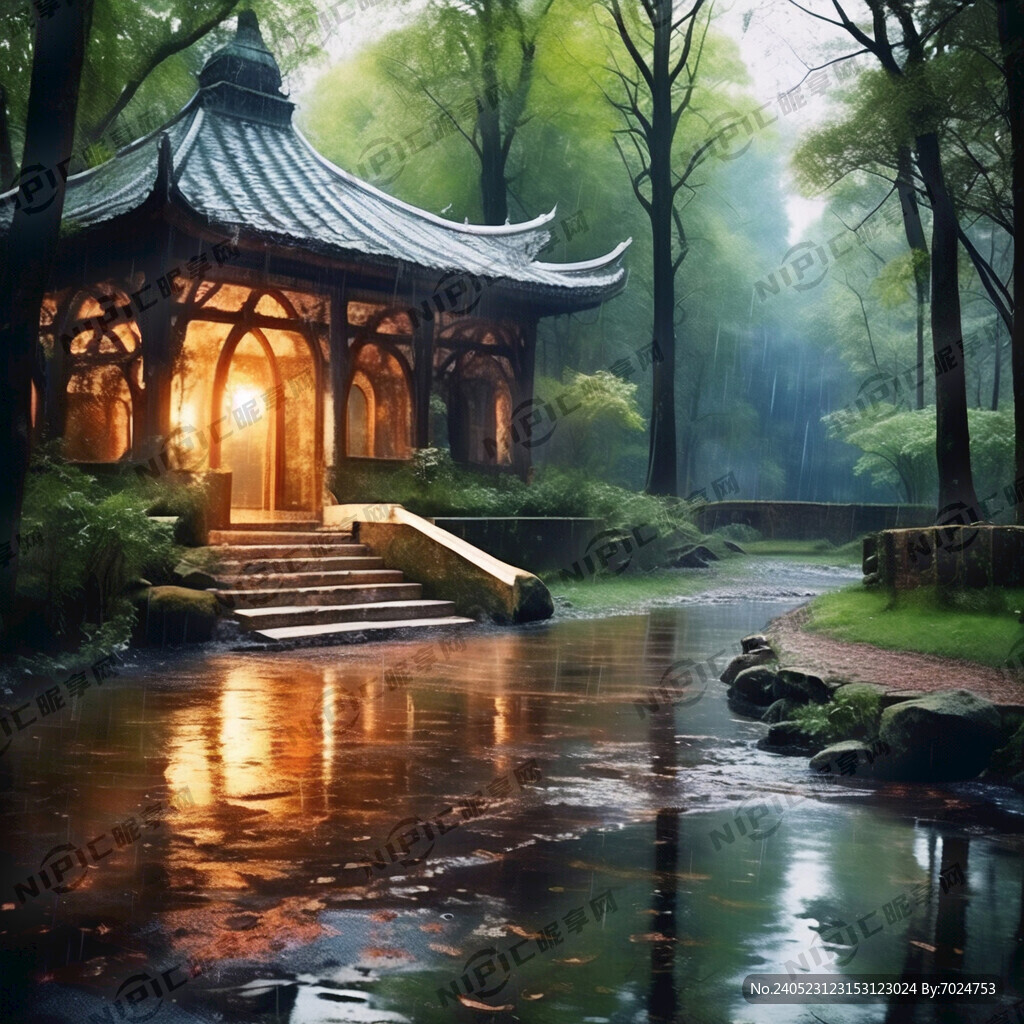 树林 小河 雨天 禅意 意境美