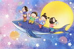 手绘水彩儿童节之骑鲸鱼插画