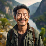 一个快乐的中年男人，站在河谷的山上，河谷背景，近景，细节突出