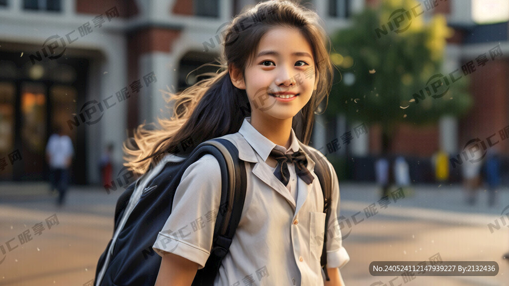 学校大门口 一个学生 背着书包