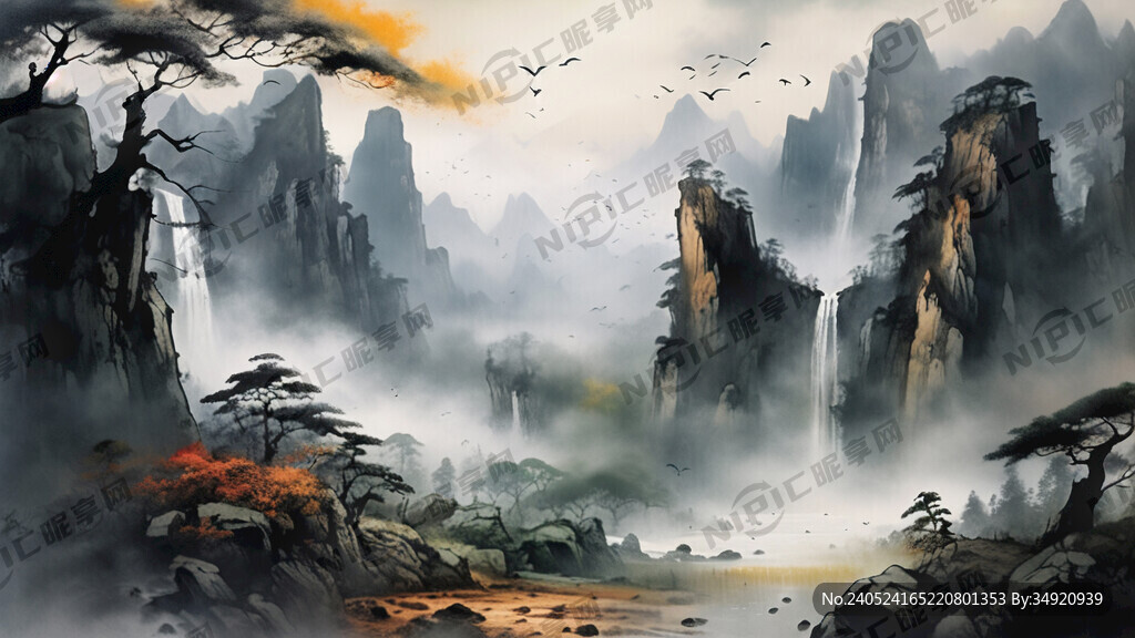 山谷 中国风 中国画 山水