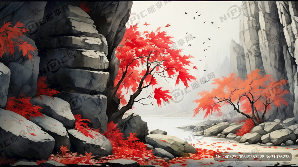 在岩石缝隙中茁壮生长的红枫树