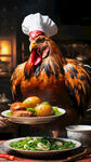 彩绘大公鸡，带着厨师帽子，手里端着盘子 ，盘子里面是大盘鸡