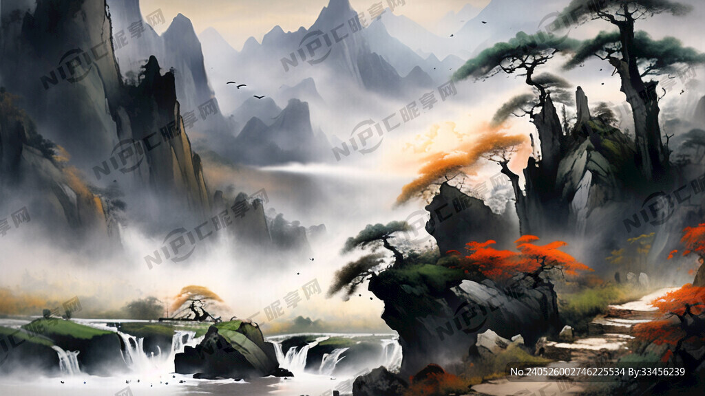 山谷 中国风 中国画 山水