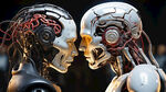 这个左边智能机器人右边一个人脑，表达出机器人和人的对抗性，科技感强