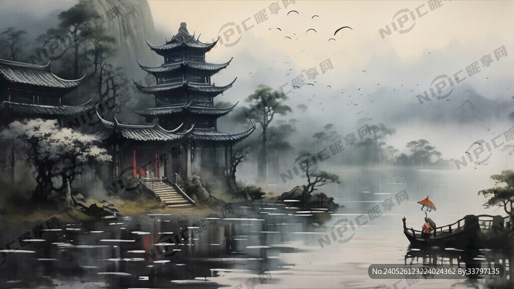 中国山水画、烟雨中、构图宽阔