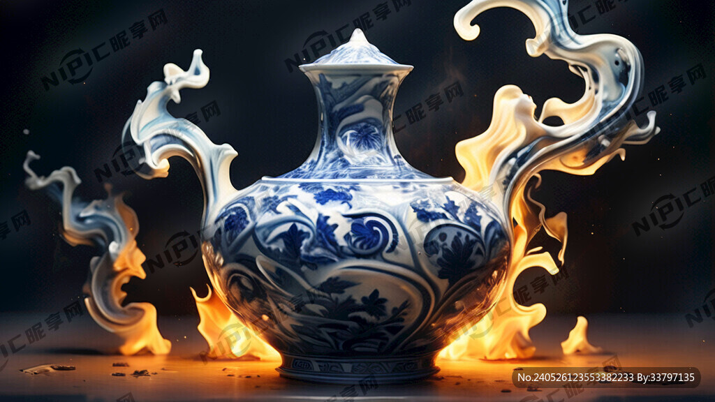 青花瓷在窑火中诞生、宽广构图