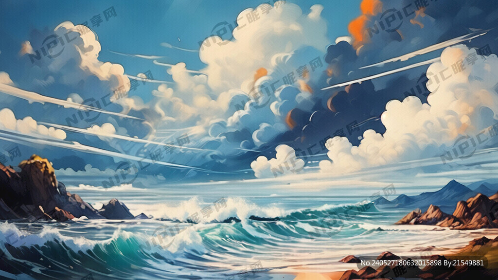 蓝天白云 山水海浪插画风格
