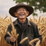 秋天 农民伯伯站在麦田里 双手拿着小麦开怀大笑