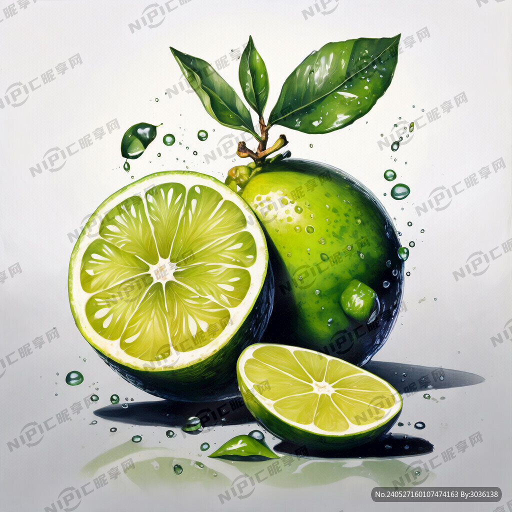 一个手绘的完整的带水珠的青柠和