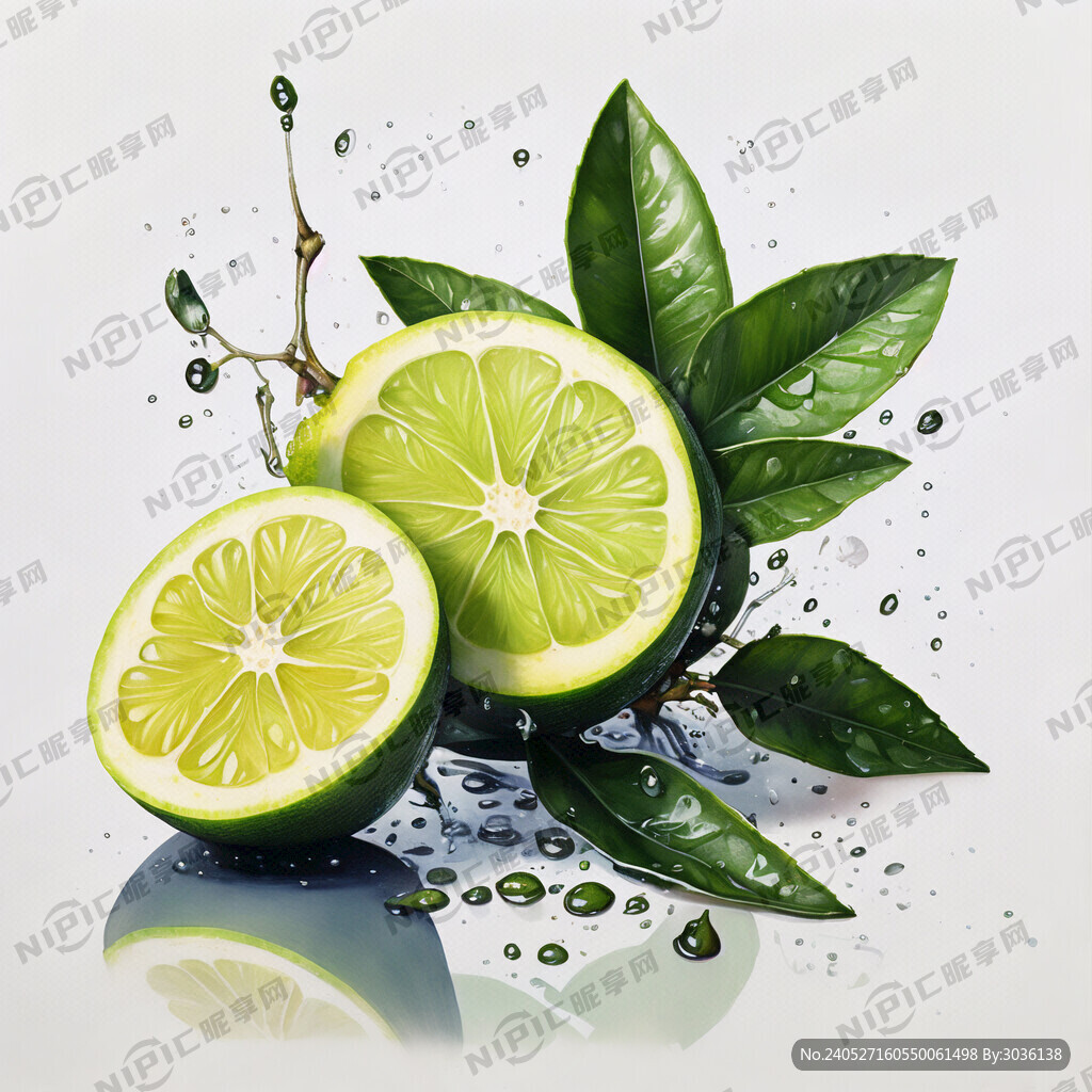 一个手绘的完整带水珠的青柠